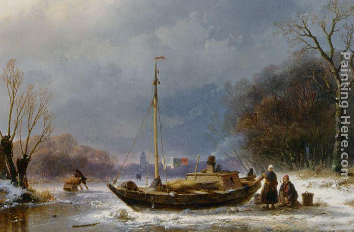Andreas Schelfhout A Wintry Scene with Figures near a Boat on the Ice